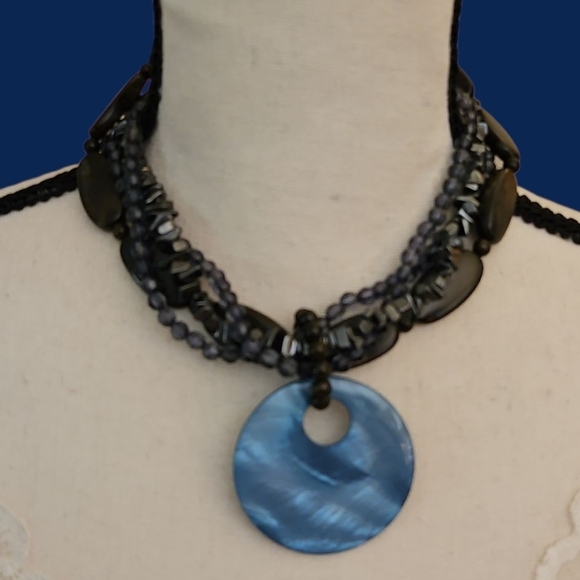 Vintage Jewelry - Vtg Twisted Multi-strand Acrylic Hematite Beaded Shell Pendant Festival Necklace